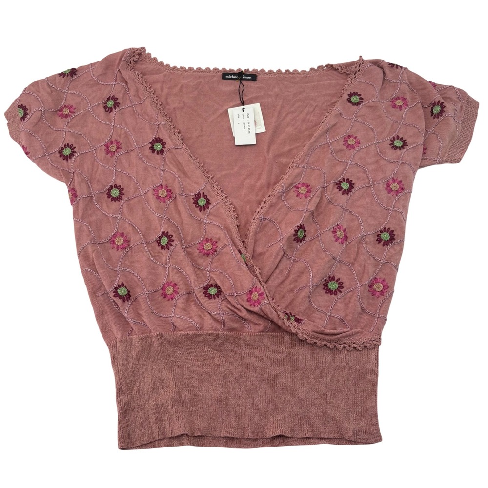 Michael Simon Dawn Pink Floral Embroidered Wrap Knit Top M115515 NWT Large